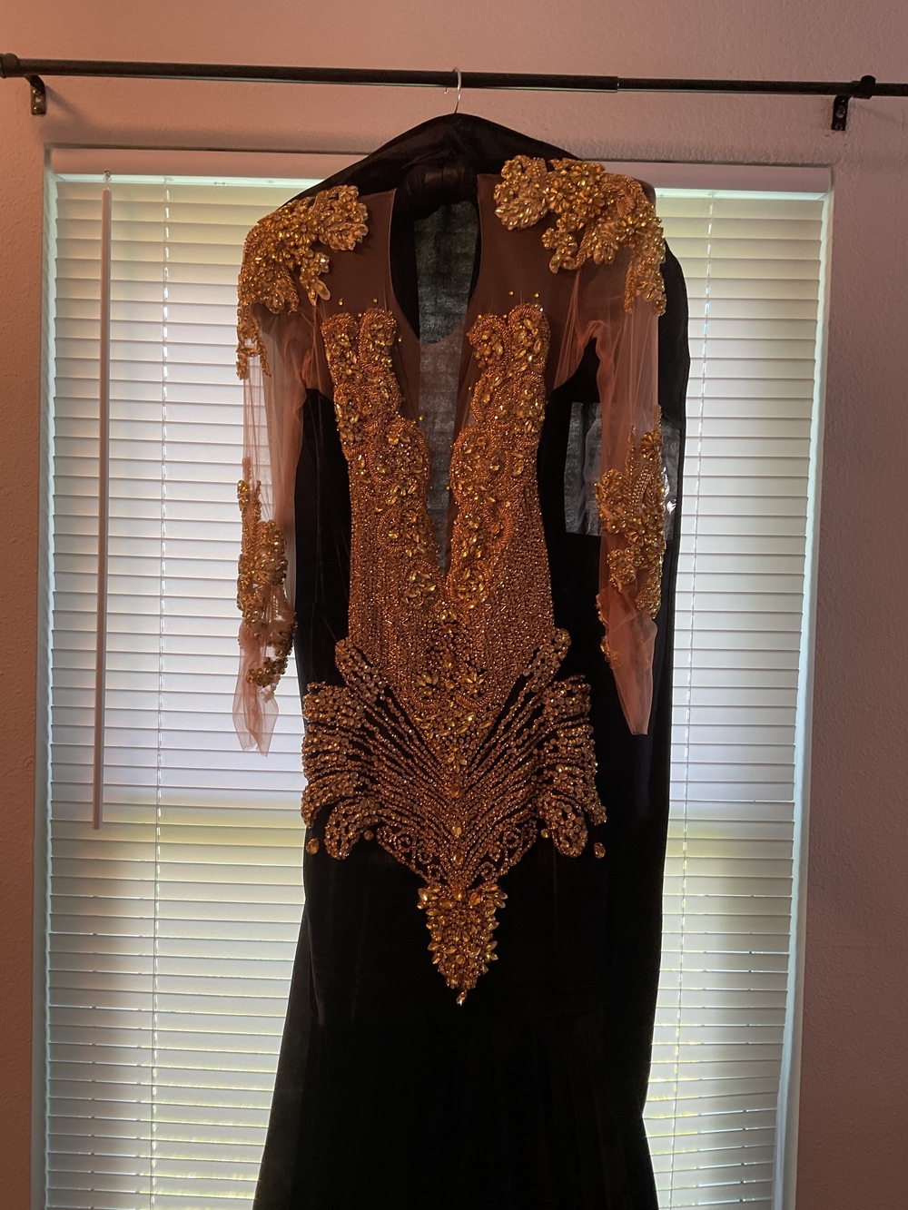 Black Velvet Prom Dress with Gold Applique Can Be Altered Handmade Og Price $950